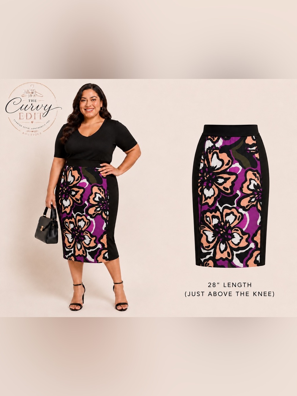 Worthington Woman 2X Floral Skirt | Black Pink Stretch Career Skirt